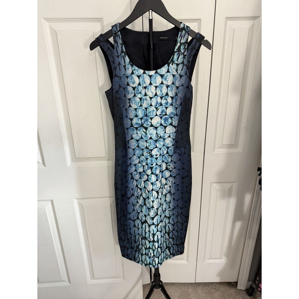 Karen Millen Blue Printed Sheath Dress Size 6 Knee Length Bodycon A-line
